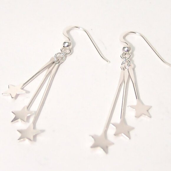 Sterling Silver Triple Star Dangle Earrings French Ear Wires - Picture 3 of 3